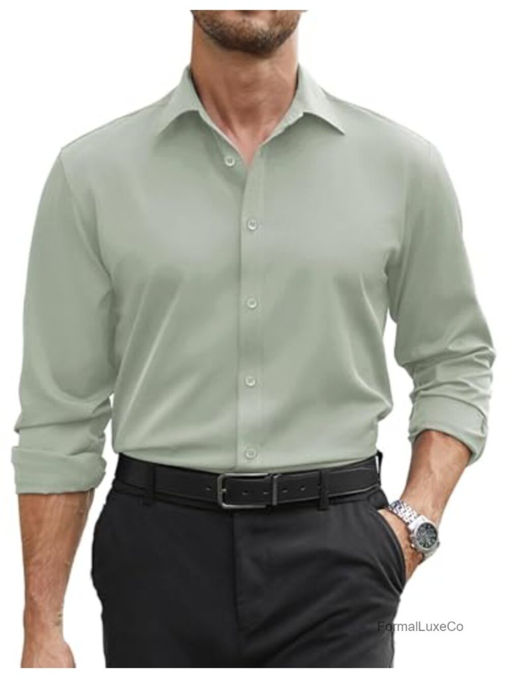 Mens Stretch Long Sleeve Button Down Dress Shirt Regular Fit Formal Business